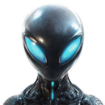 Extraterrestrial being gazes with luminous blue eyes in quiet anticipation on transparent background