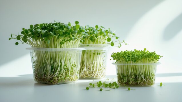Homegrown broccoli sprouts with healthy enzymes and sulforaphane on a white background