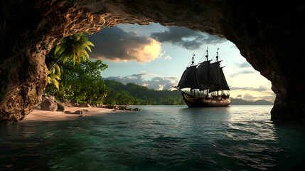 Pirate Ship In Cove At Tropical Sunset