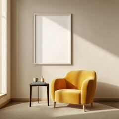 Empty frame, mustard armchair, calm room