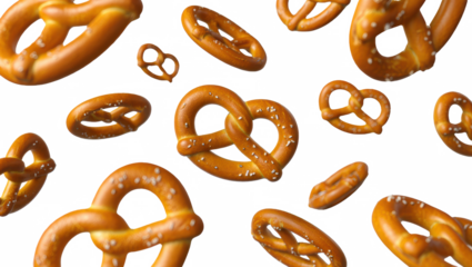 pretzels esparcidos por el aire. Aislados sobre fondo transparente. PNG.