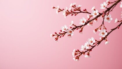 Fototapeta premium Delicate Spring Blossoms on Pink Background Beautiful White Flowers Branch