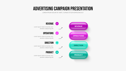 Financial Strategy Slideshow Layout Vector Illustration. Professional Showcase 4 Option Infographic Slide Design. Sales Introduction Four Element Diagram Frame Template.