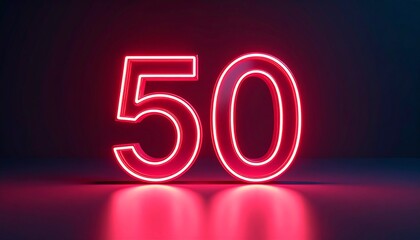 3D rendering of a metallic number 50 with curved red neon lines on a background. 