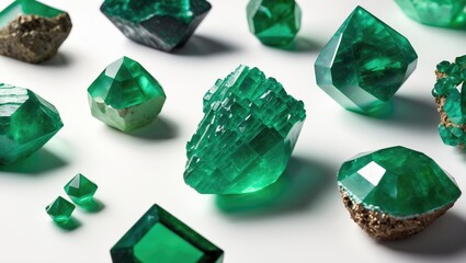 Fototapeta premium Various raw emerald minerals isolated on white background