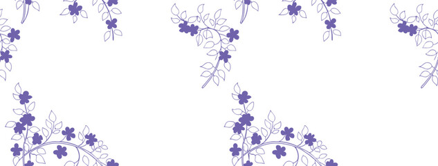 Elegant floral corner border with purple flowers and delicate line leaves. Seamless botanical pattern for wedding invitations, stationery, or decorative backgrounds. Soft and artistic vector design.