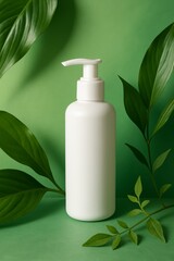 A minimalist shot of a white pump bottle elegantly presented against a verdant backdrop, adorned with lush leaves, highlighting natural care products