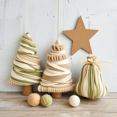 Yarn wrapped christmas trees and pear ornaments