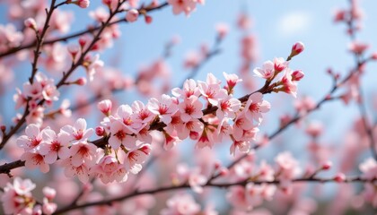 Obraz premium Delicate Pink Cherry Blossoms in Full Bloom on a Sunny Day A Beautiful Springtime Scene of Nature's Beauty