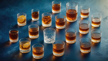 Strong alcohol drinks, hard liquors, and spirits served in glasses with cognac, scotch, whiskey, and more on a blue background from a top view