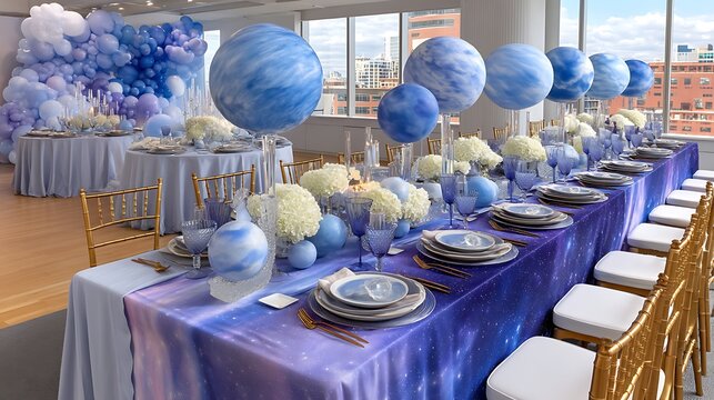 Elegant Blue and Purple Space-Themed Party Setup with Balloons and Decorative Centerpieces