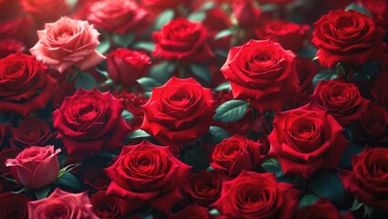 Naklejka premium Vibrant red rose bouquet on festive floral background, closeup view