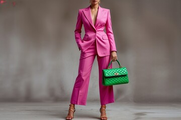 Woman in pink suit with green handbag