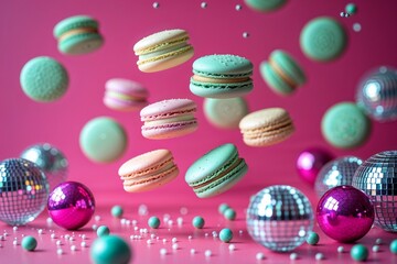 Obraz premium Colorful macarons and disco balls on pink