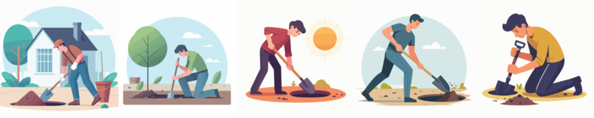 young man character vector digging the ground