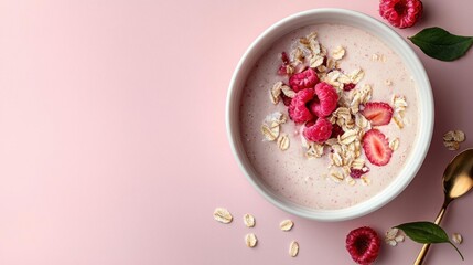 Bowl of oatmeal with raspberries and oats on a pink background. the bowl is white and has a gold spoon resting on the side.