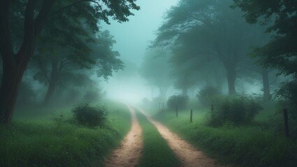 Fototapeta premium Serene Summer Morning Landscape in Rural Northern Europe with Misty Pathways and Enchanting Gravel Road