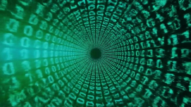 Abstract digital spiral with binary code patterns in green tones, suggesting technology and data