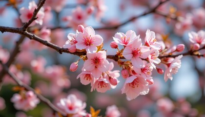Delicate Pink Cherry Blossoms Blooming on a Branch in Springtime Beautiful floral spring background