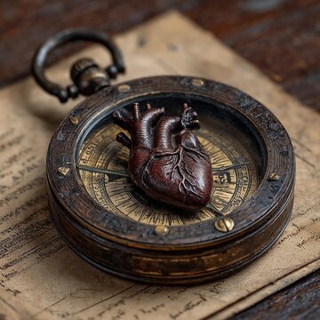 Compass with a detailed heart model resting on an old parchment map Generative AI