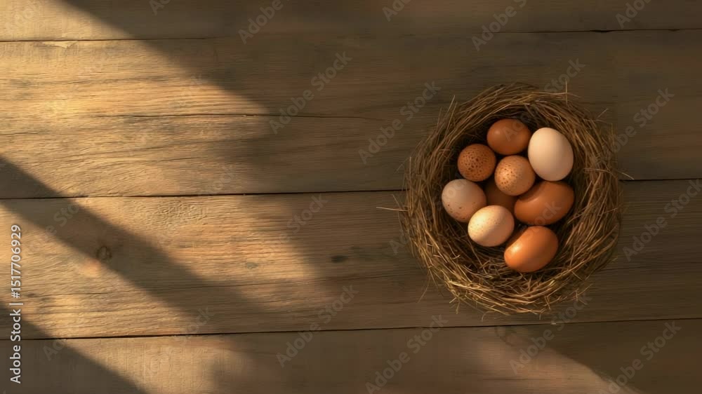 Poster Sunlight illuminates a nest filled with colorful, fresh organic eggs, resting on a rustic wooden table, creating a warm and inviting farm to table scene