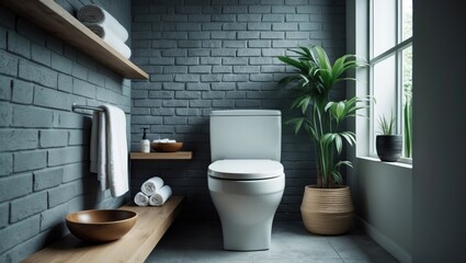 Fototapeta premium Modern house restroom with ceramic toilet, greenery, and shelving on a grey brick background