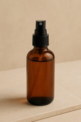 A close-up shot of a brown glass spray bottle with a black nozzle, filled with a transparent liquid