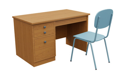Isolated Wooden Desk and Blue Chair
