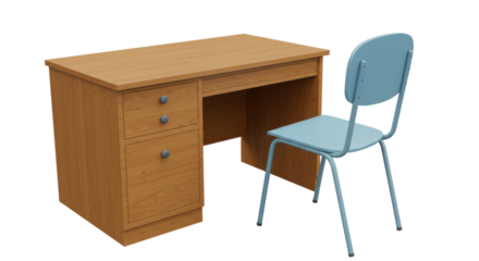 Isolated Wooden Desk and Blue Chair
