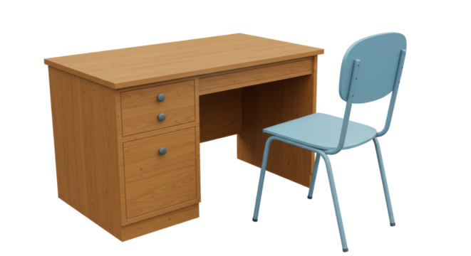 Isolated Wooden Desk and Blue Chair