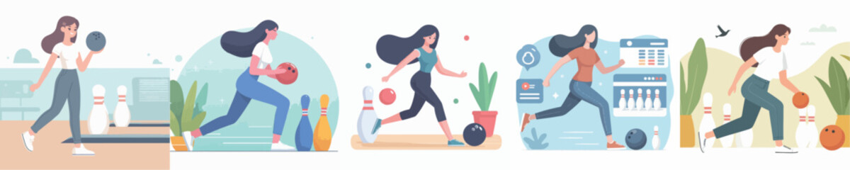 vector character woman playing bowling