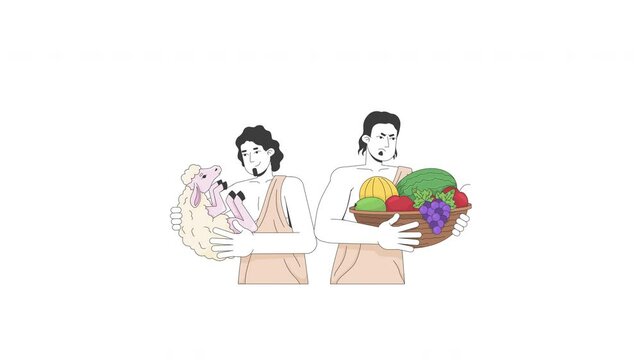 Cain and Abel offering god sacrifices 2D bible characters animation. Sibling rivalry. Biblical brothers holding fruit basket and lamb animated people cartoon 4K video isolated on white transparent