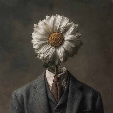 Man in suit with a large flower for a head standing against a muted background Generative AI