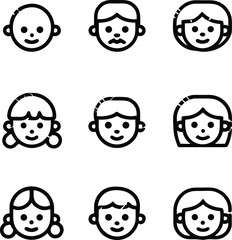 Collection of Simple Human Face Icons with Different Hair Styles and Expressions