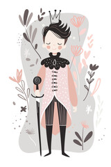 Little prince, teenage boy in crown with scepter, cute birthday card, fairy tale character in grey and pink colors. Flat vector cartoon print.