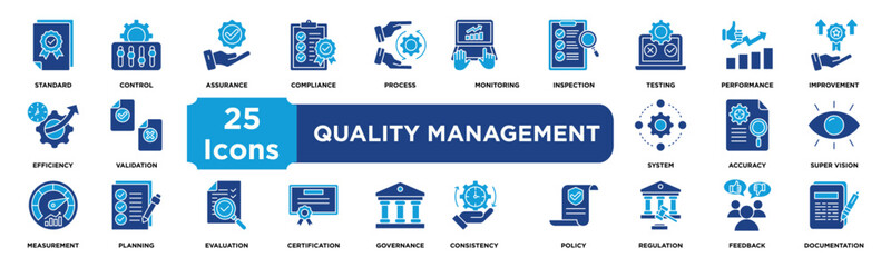 Quality Management icon collection set. Containing standards,control,assurance,compliance,process,monitoring,inspection,testing,performance,improvemen icon. Solid vector icons collection.
