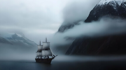 Misty Mountains And Sailing Ship