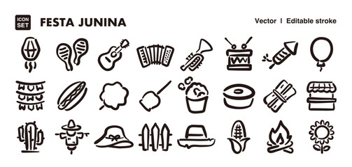 Festa Junina icon set. Hand drawn illustration line style. Vector editable stroke icon.