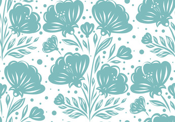 Vector seamless pattern with stylized blue floral ornaments in folk art style. Texture with tracery flowers for textile design, wallpaper, gift wrap, and digital backgrounds. Monochrome decorative art