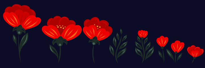 Vector set of clip arts of red folk-style flowers on a dark background. Decorative floral illustration collection for banners, textile design, or packaging. Flat hand drawn style