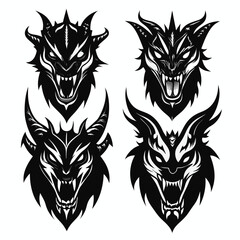 Fototapeta premium Four Black and White Dragon Head Illustrations with Sharp Features