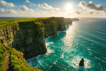 Cliffs of Moher towering over crashing waves in Ireland.
