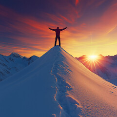 Hiker celebrating reaching snowy mountain peak at sunset