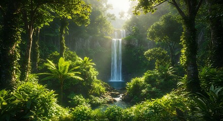 Lush Rainforest Waterfall Scene with Sunlight Filtering Through Trees