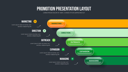 Company Showcase Five Step Infographic Slideshow Layout. Product Report 5 Option Diagram Slide Design. Enterprise Strategy Presentation Template Vector Illustration.