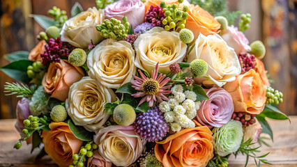 A bouquet with flowers of varying textures: smooth, rough, and glossy generative ai
