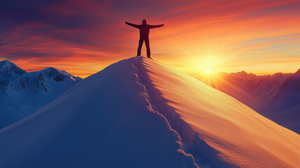 Hiker celebrating reaching snowy mountain peak at sunset