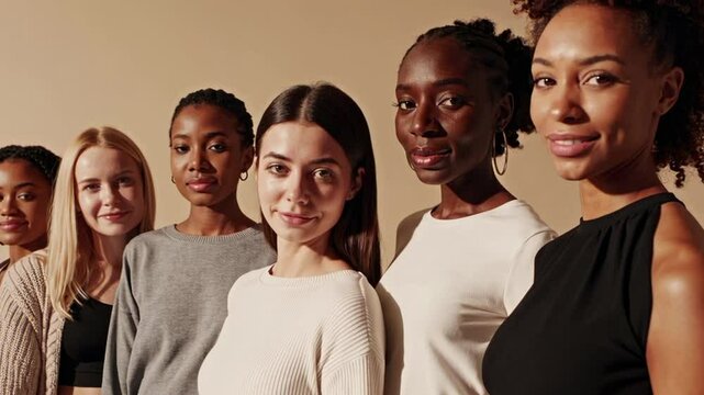 Diverse female models standing closely together in studio, radiating unity and empowerment, representing multicultural strength and connection against neutral beige background
