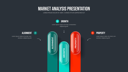 Consulting Growth Frame Design Vector Illustration. Modern Showcase 3 Option Diagram Slide Layout. Enterprise Visualization Three Element Infographic Slideshow Template.