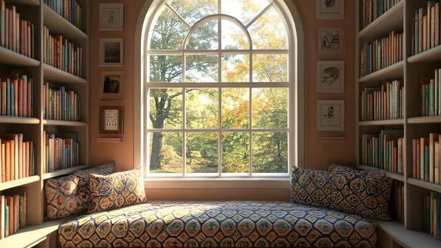 Alcove reading bench with bookshelves built into walls, patterned cushions, arched window, and cozy daylight pouring in